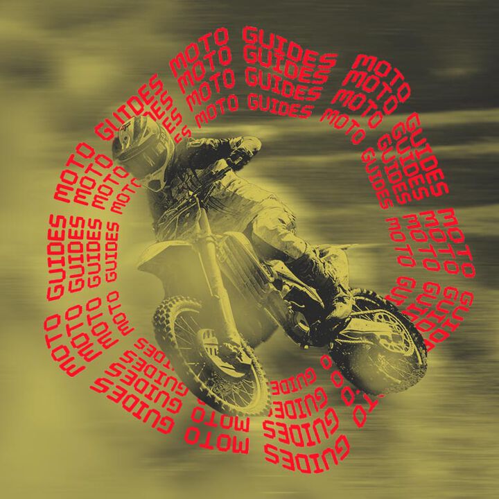 Motocross rider with stylized text calling out Moto Guides
