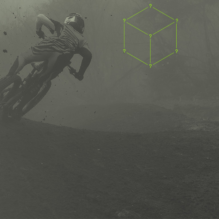 Background of an MTB Rider and a minimalistic Mystery Box with question marks on its corners.