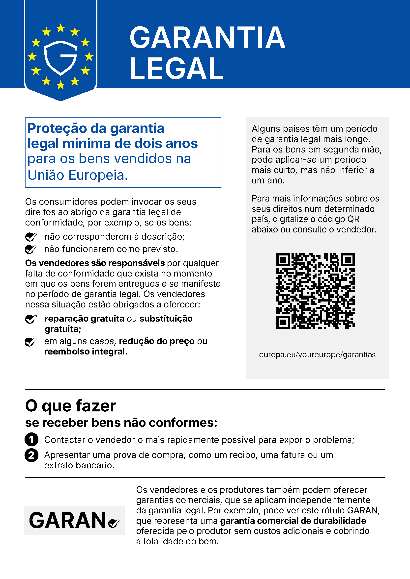 Abrangido pela garantia legal da UE - mínimo de 2 anos.