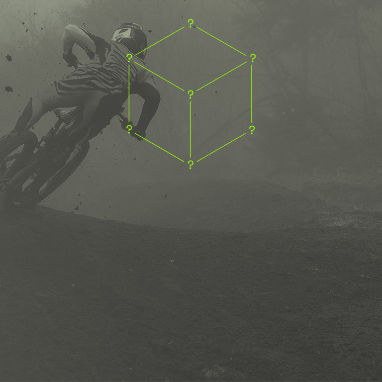 Background of an MTB Rider and a minimalistic Mystery Box with question marks on its corners.